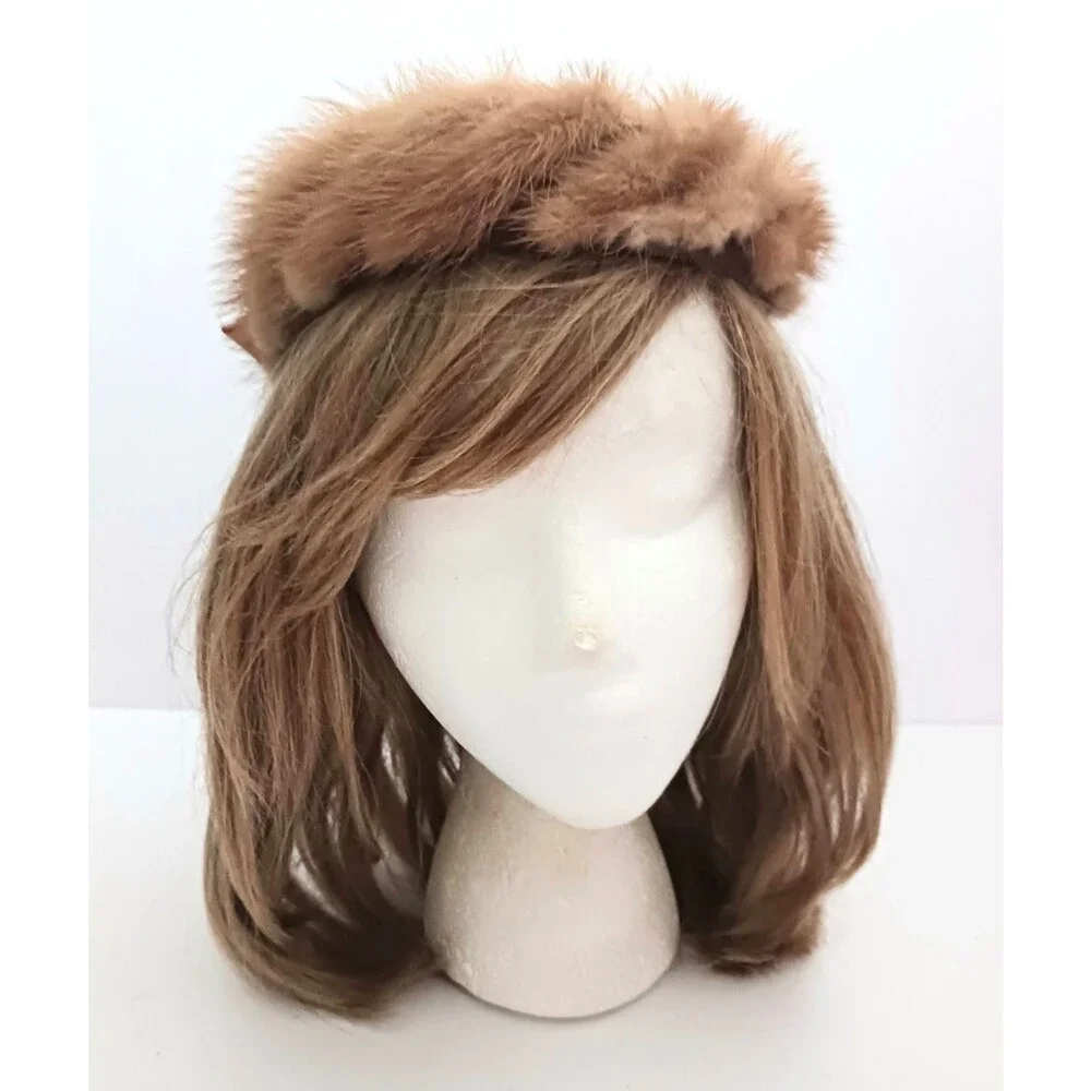 VTG Mink / Velvet Circle Hat Bronze Satin Bow Open Crown O/S